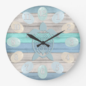 Nautical Wood Stripes, Sea Glass, Turtle  Large Clock