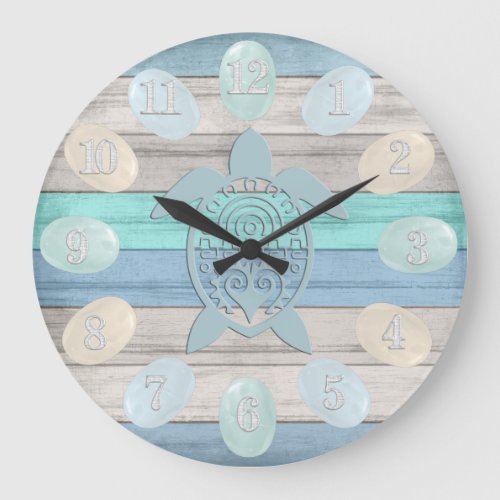 Nautical Wood Stripes Sea Glass Turtle  Large Clock