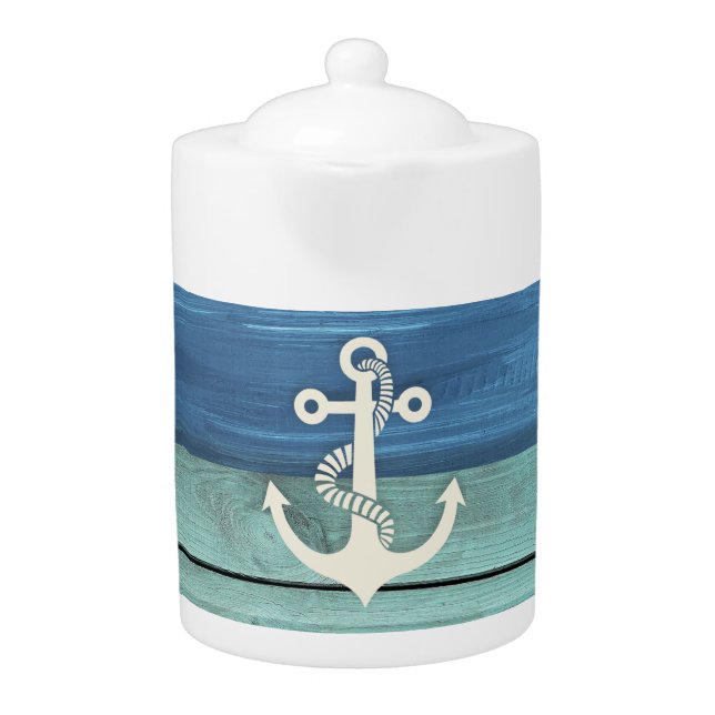Nautical Wood Turquoise Blue White Anchor Teapot (Front)
