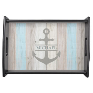 Nautical Wooden Boat Anchor Beach Name Serving Tray