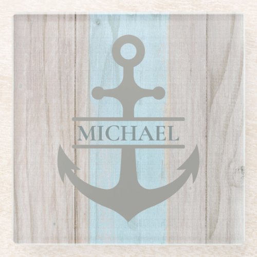 Nautical Wooden Boat Beach Anchor Name Glass Coaster