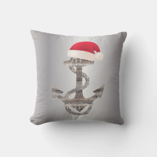 nautical wooden rustic ANCHOR + SANTA HAT Outdoor Pillow
