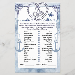 Nautical Would She Rather Game Bridal Shower card Flyer