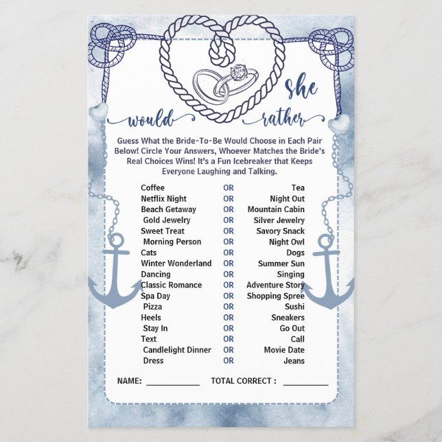 Nautical Would She Rather Game Bridal Shower card Flyer (Front)