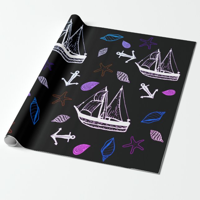 Nautical wrapping paper, ocean theme wrapping paper (Unrolled)