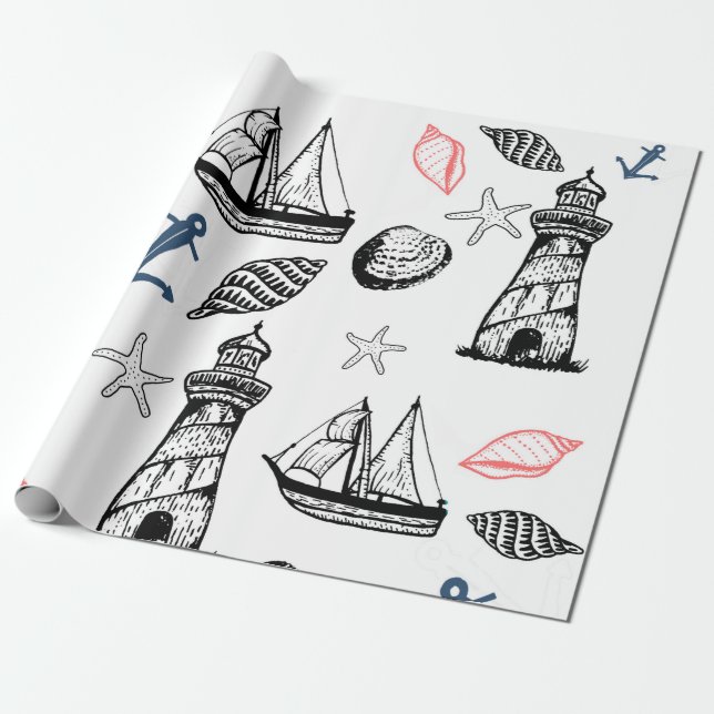 Nautical wrapping paper, summer theme wrapping paper (Unrolled)