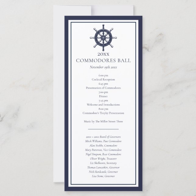 Nautical Yacht Club Navy Blue Menu Program  (Front)