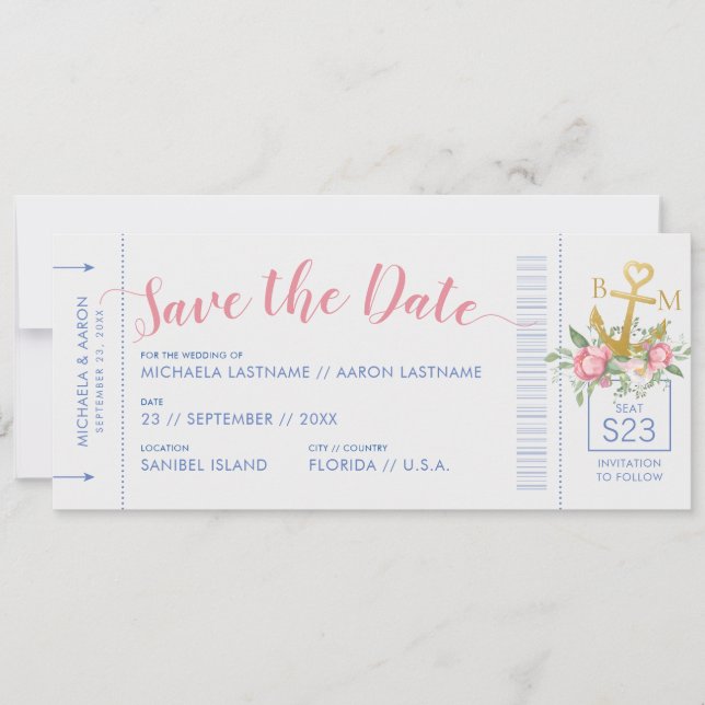 Nautical Yacht Club Wedding Ticket Save the Date (Front)