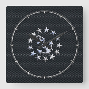 Nautical Yacht Flag Chrome Symbol on Grille Decor Square Wall Clock