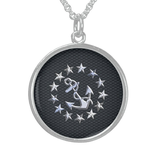 Nautical Yacht Flag Chrome Symbol on Grille Decor Sterling Silver Necklace (Front)