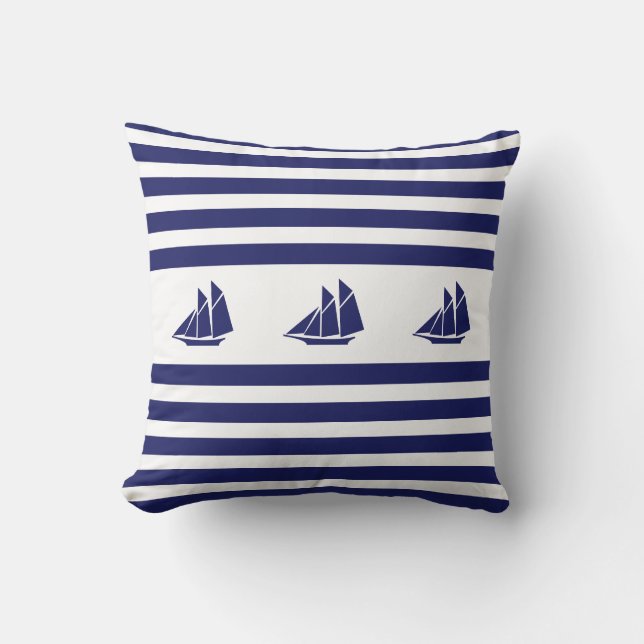 Nautical Yachts on Blue & White Striped Throw Pillow (Front)