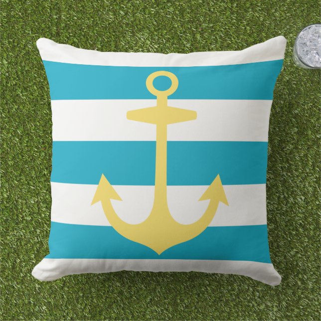 Nautical Yellow Anchor with Caribbean Blue Stripes Throw Pillow (Grass)
