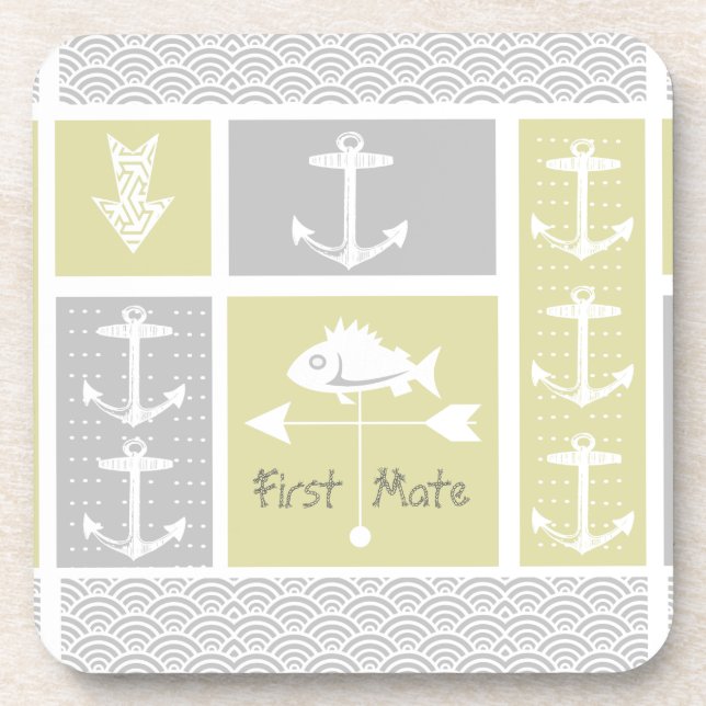Nautical Yellow and Gray Anchor Fish Weather Vane Beverage Coaster (Front)