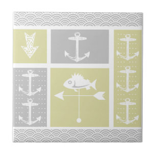 Nautical Yellow and Gray Anchor Fish Weather Vane Ceramic Tile