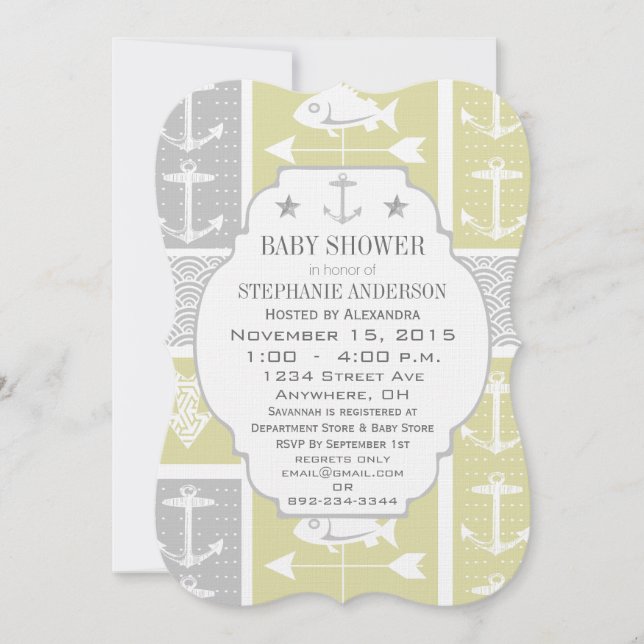 Nautical Yellow and Gray Anchor Fish Weather Vane Invitation (Front)