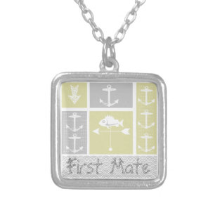 Nautical Yellow and Gray Anchor Fish Weather Vane Silver Plated Necklace