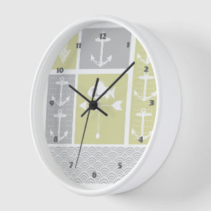 Nautical Yellow and Gray Anchor Fish Weather Vane Wall Clock