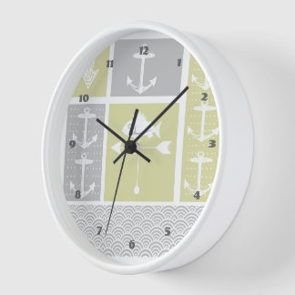 Nautical Yellow and Gray Anchor Fish Weather Vane Wall Clock