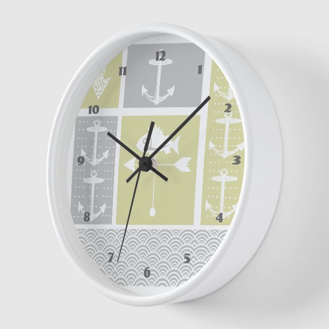 Nautical Yellow and Gray Anchor Fish Weather Vane Wall Clock (Angle)