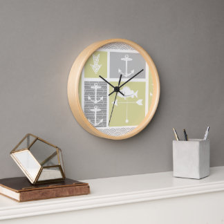 Nautical Yellow and Gray Anchor Fish Weather Vane Wall Clock