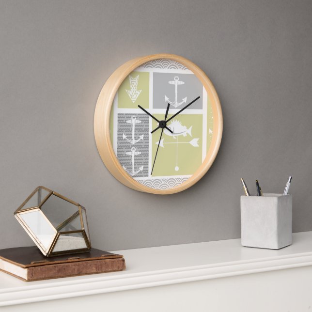 Nautical Yellow and Gray Anchor Fish Weather Vane Wall Clock (Office)
