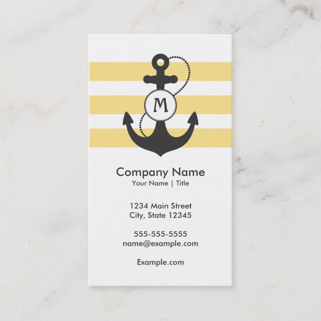 Nautical Yellow and Gray Anchor Monogram Business Card (Front)