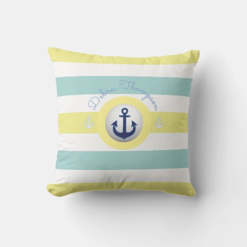 nautical yellow  blue striped throw pillow