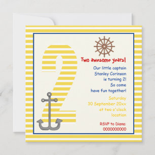 Nautical yellow sailboat, white 2nd birthday party invitation
