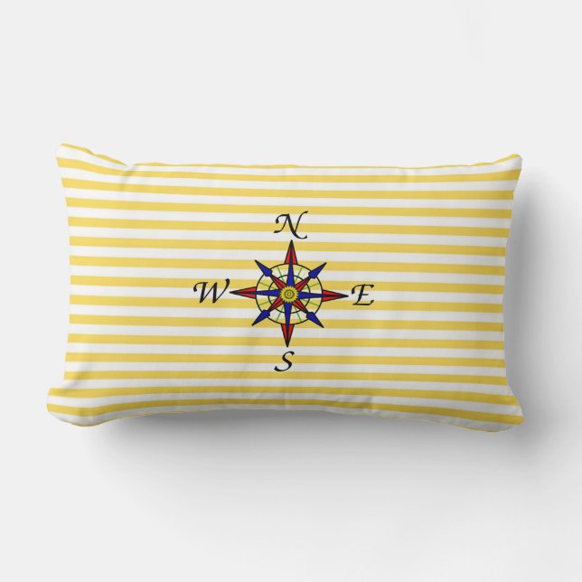 Nautical Yellow Stripe With Compass Lumbar Pillow (Front)