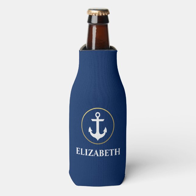 Nautical Your Name Anchor Blue Gold Bottle Cooler (Bottle Front)