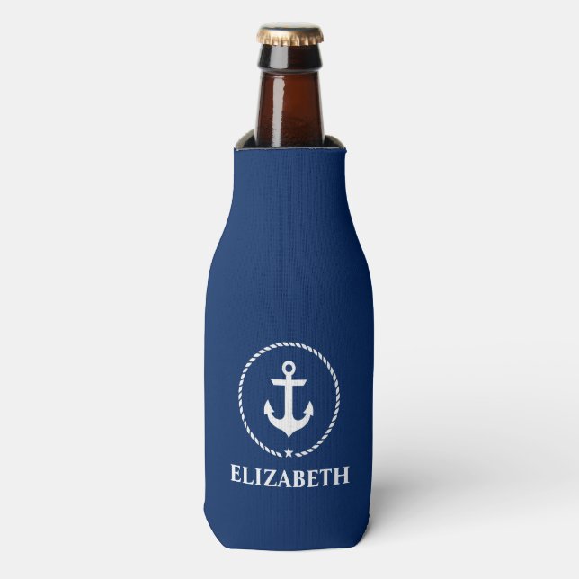 Nautical Your Name Anchor Rope Navy Blue Bottle Cooler (Bottle Front)