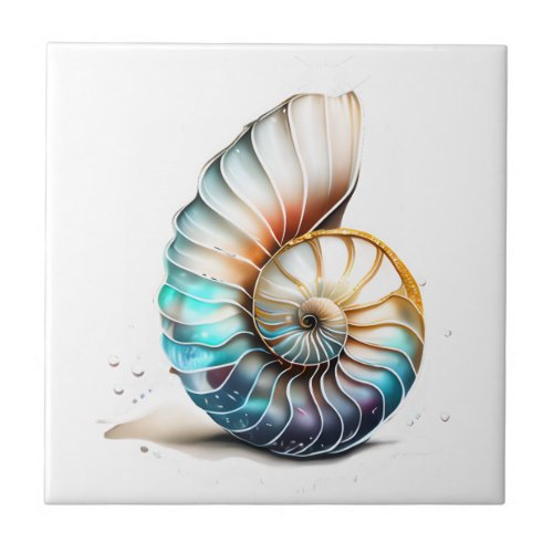 Nautilus 3D iridescent mother pearl beach shell  Ceramic Tile