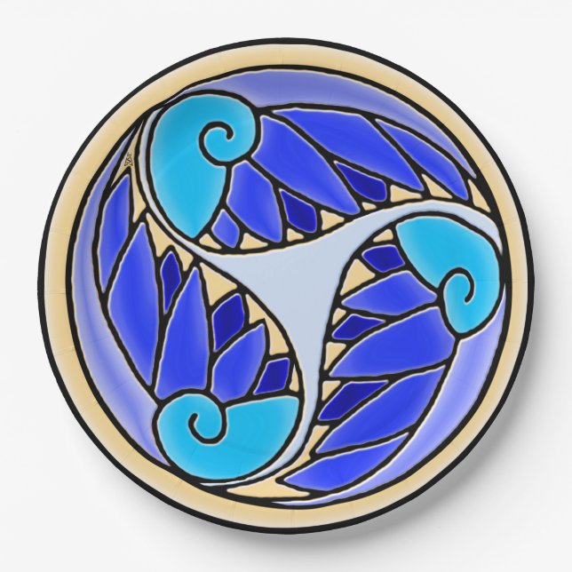 Nautilus and Palm Leaves - 3 Blues, Yellow, Black Paper Plates (Front)