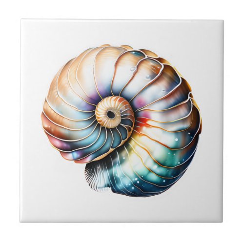Nautilus seashell iridescent 3D beach sea nautical Ceramic Tile