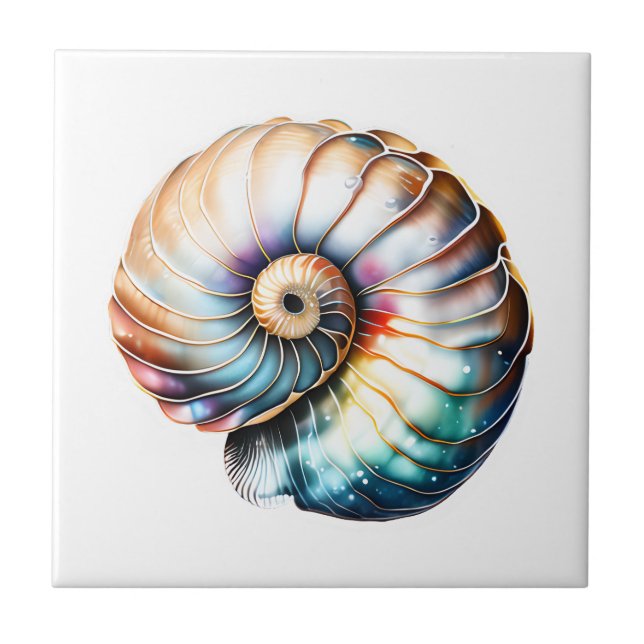 Nautilus seashell iridescent 3D beach sea nautical Ceramic Tile (Front)