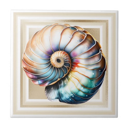 Nautilus seashell iridescent 3D gold shimmer glam Ceramic Tile