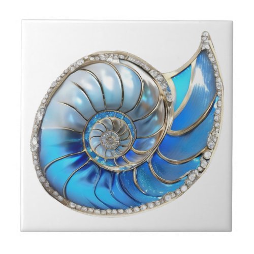 Nautilus seashell ocean blue 3D diamond shimmer Ceramic Tile