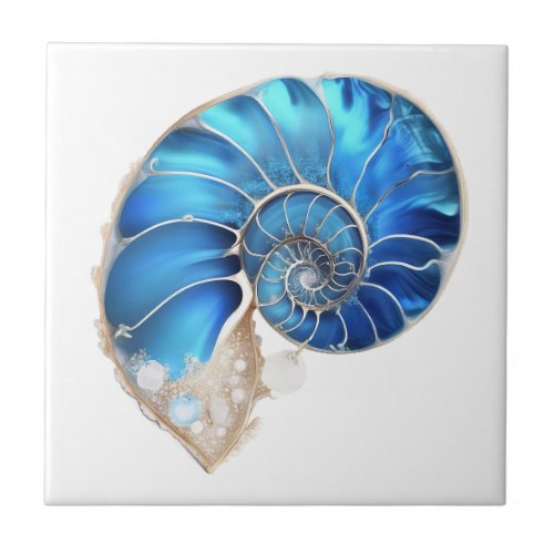 Nautilus seashell ocean blue 3D shimmer beach Ceramic Tile