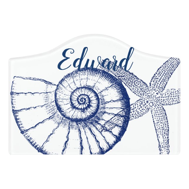 Nautilus Seashell & Starfish Marine Life Custom Door Sign (Small Crest Front)