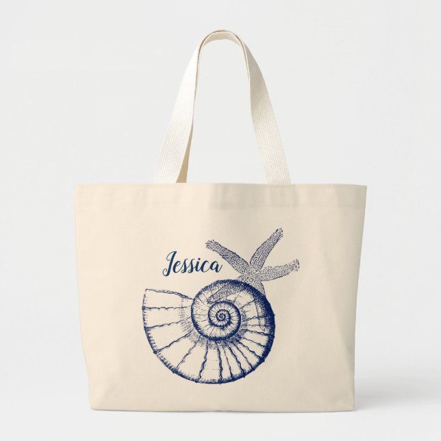 Nautilus Seashell & Starfish Marine Life Custom Large Tote Bag (Front)