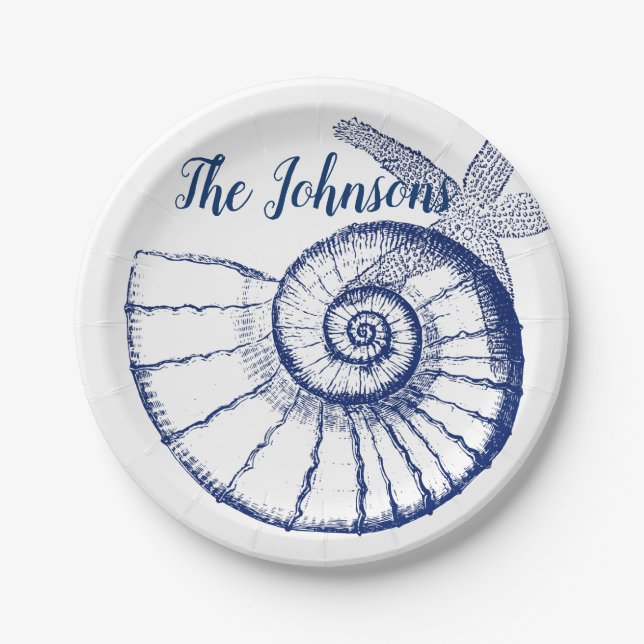 Nautilus Seashell & Starfish Marine Life Custom Paper Plates (Front)