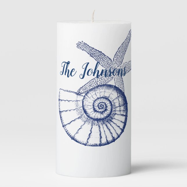 Nautilus Seashell & Starfish Marine Life Custom Pillar Candle (Front)