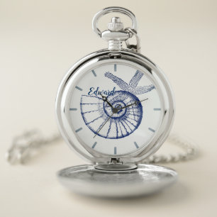 Nautilus Seashell & Starfish Marine Life Custom Pocket Watch