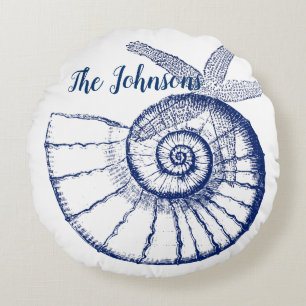 Nautilus Seashell & Starfish Marine Life Custom Round Pillow