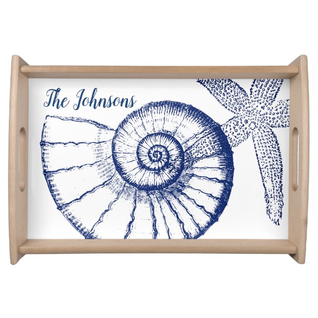 Nautilus Seashell & Starfish Marine Life Custom Serving Tray (Front)