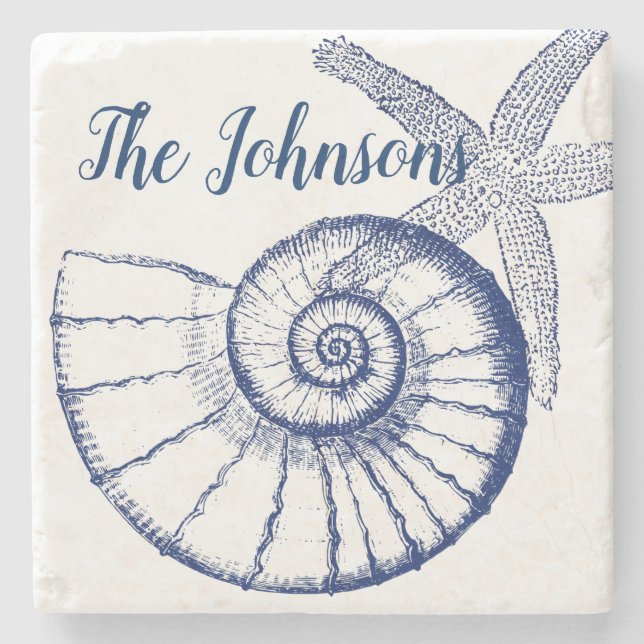 Nautilus Seashell & Starfish Marine Life Custom Stone Coaster (Front)