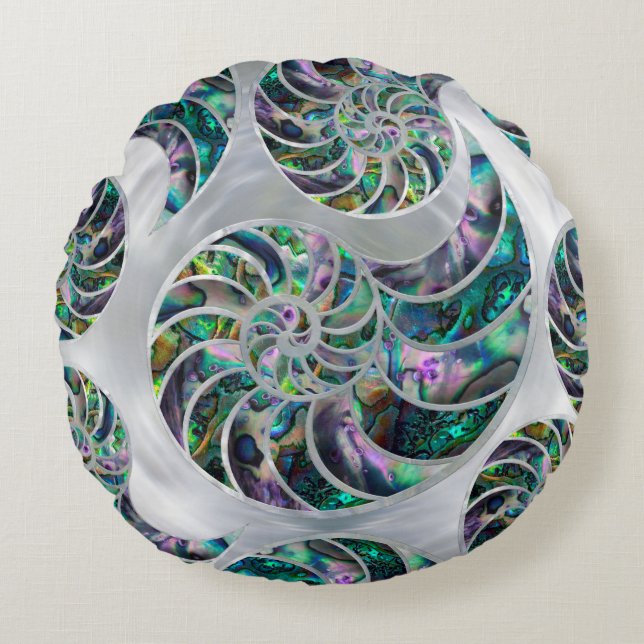 Nautilus Shell Abalone and Pearl Round Pillow (Front)