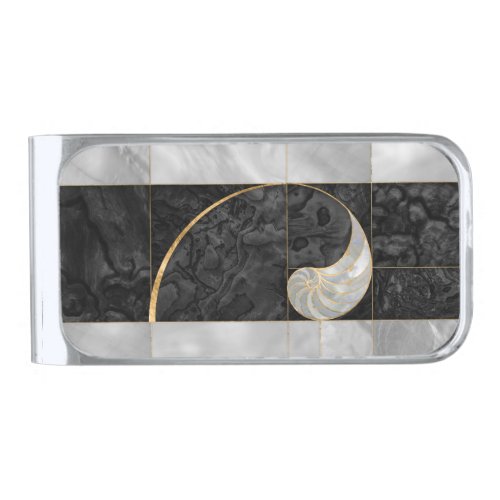 Nautilus Shell _ Black Abalone and Pearl Silver Finish Money Clip