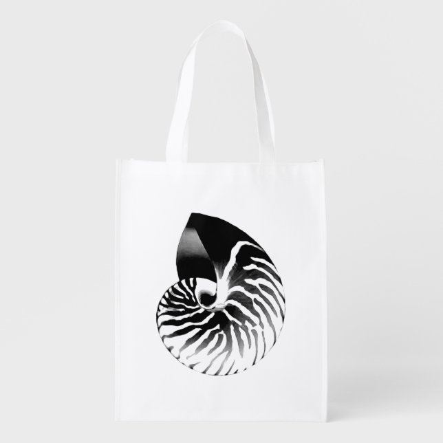 Nautilus shell - black, grey and white reusable grocery bag (Front)