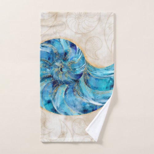 Nautilus Shell Blue watercolor Bath Towel Set